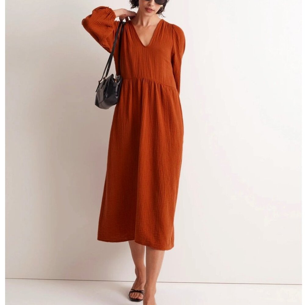 MADEWELL Lightspun V-Neck Midi Dress, Burnt Orange, Size XXS